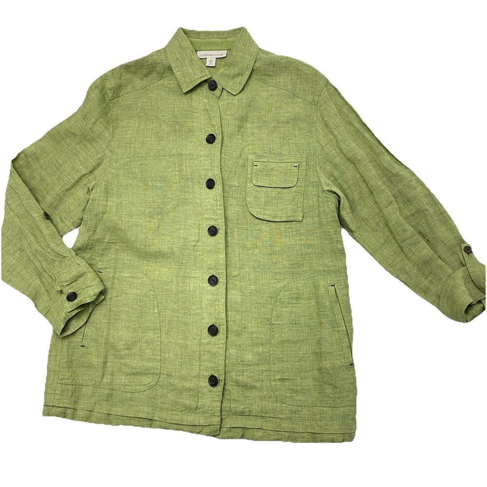 Coldwater Creek Green Linen Shacket Green Women's Medium Lagenlook Roll Sleeve